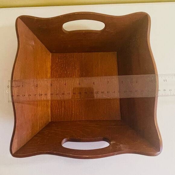 Vtg Mid Century Wood Square Fruit bread Bowl Centerpiece Decorative Handles - Picture 11 of 11